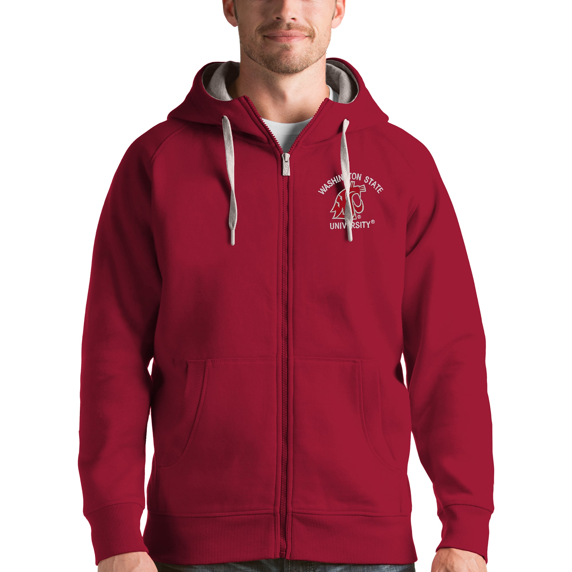 Men's Antigua Crimson Washington State Cougars Victory Full-Zip Hoodie